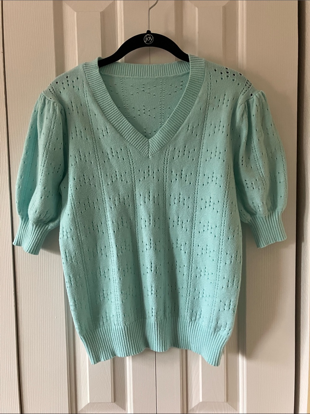 Light Aqua V-Neck Pointelle Puff Sleeve Sweater